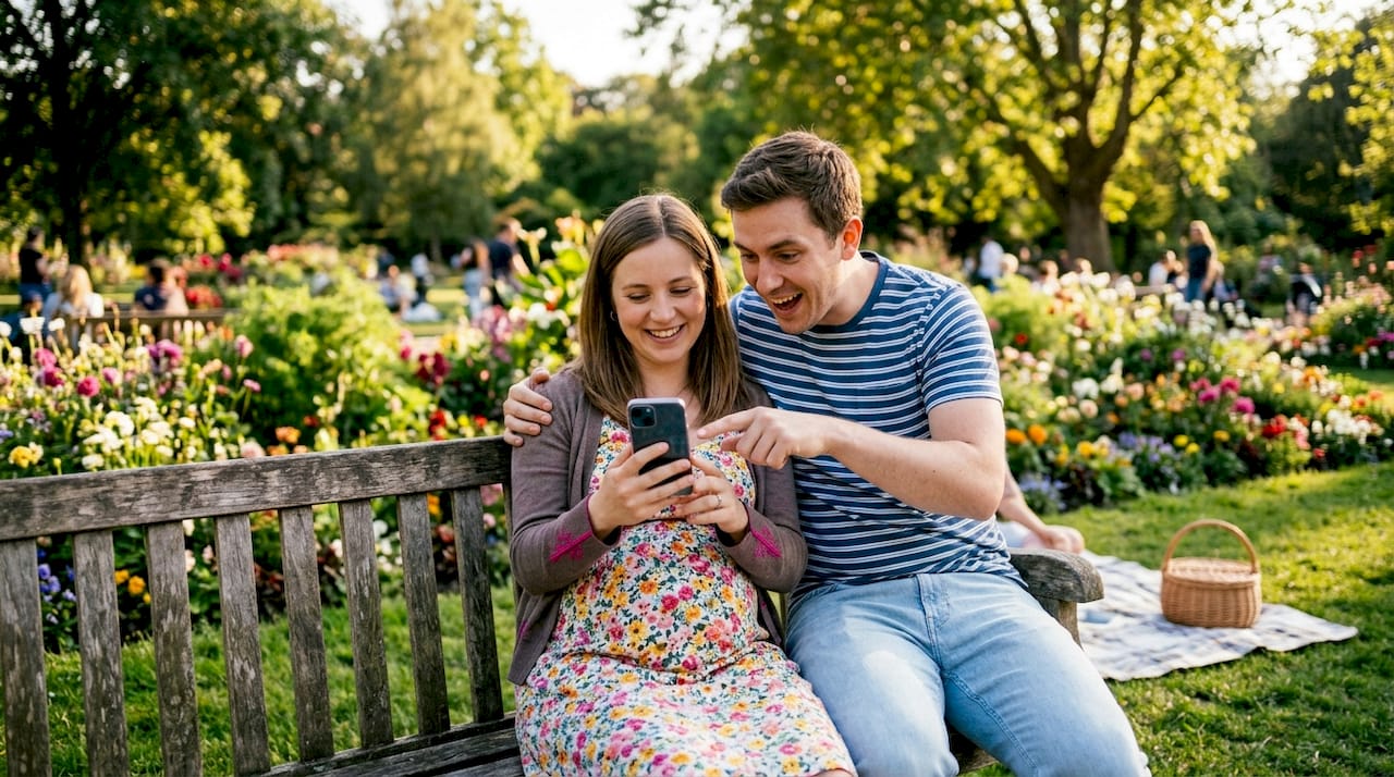 Expectant couple browsing pregnancy gifting platform tablet