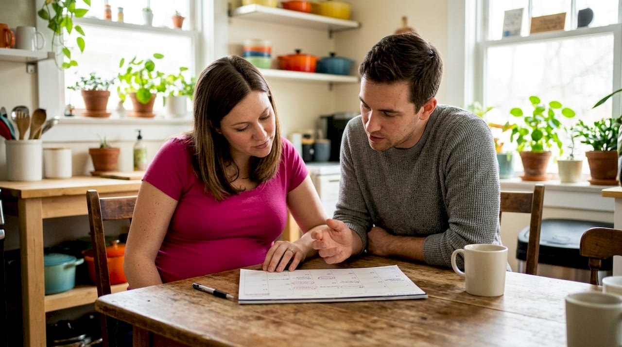 Pregnant couple planning prenatal appointments on laptop