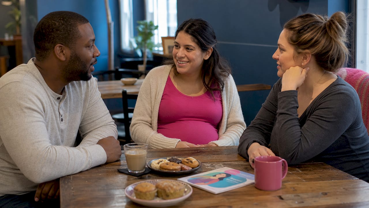 Expectant parents in peer support group discussion