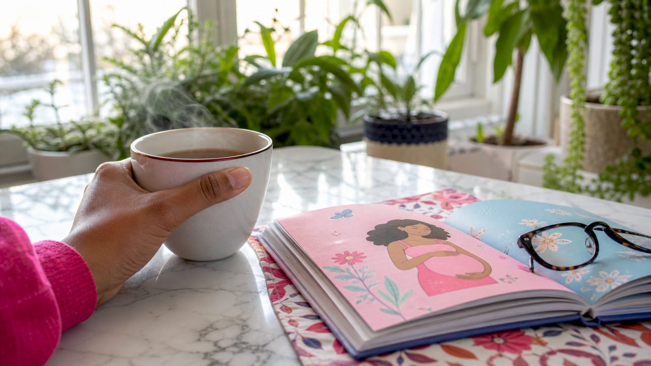 Close-up hand holding tea near pregnancy journal