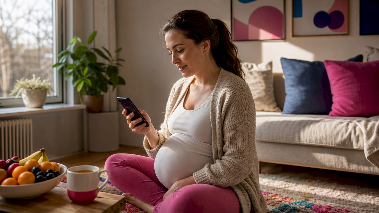 Hands of expectant mother near smartphone and tea mug