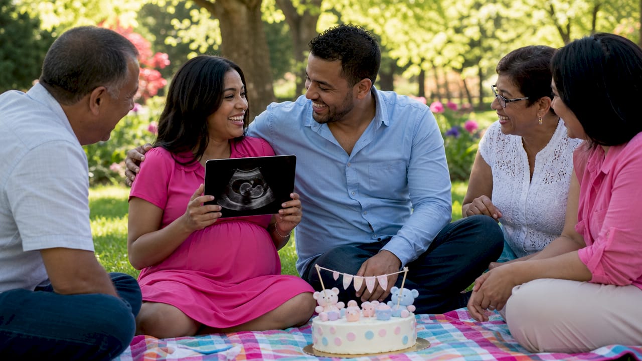 Couple sharing ultrasound image with family in kitchen
