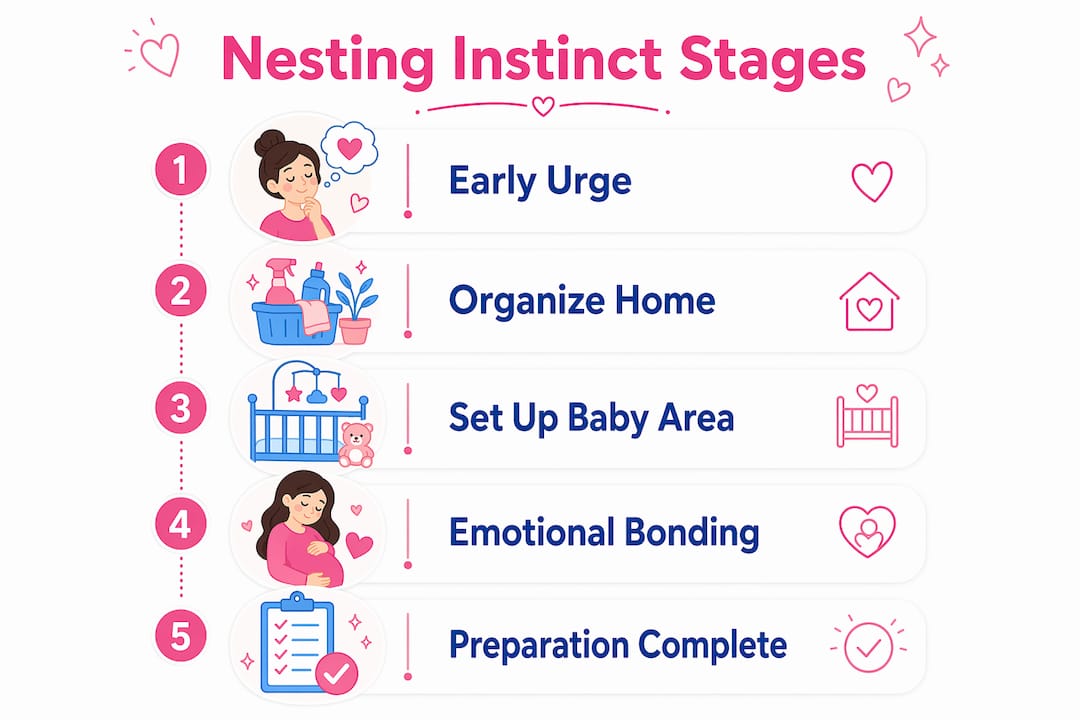 Infographic illustrating nesting instinct stages and benefits