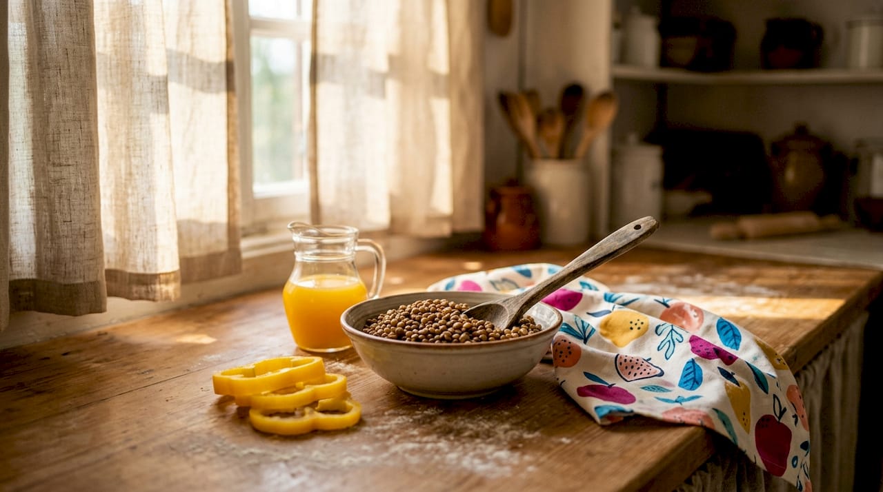 Iron-rich lentils paired with vitamin C foods on table