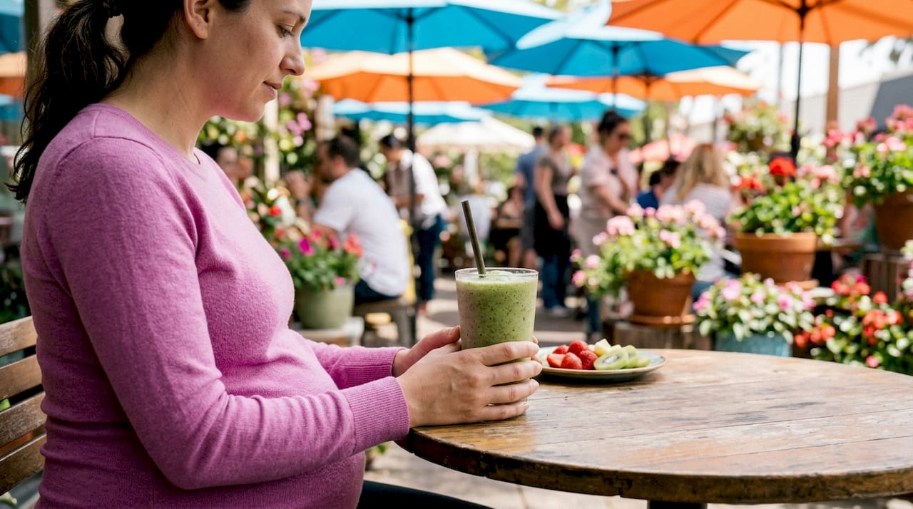 Close-up of hands holding prenatal protein smoothie glass