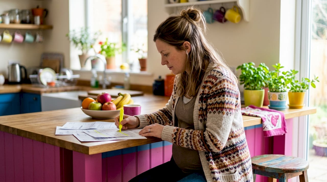 Expectant mother auditing monthly expenses at desk