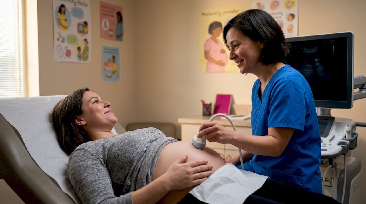 Healthcare provider doing second trimester ultrasound exam