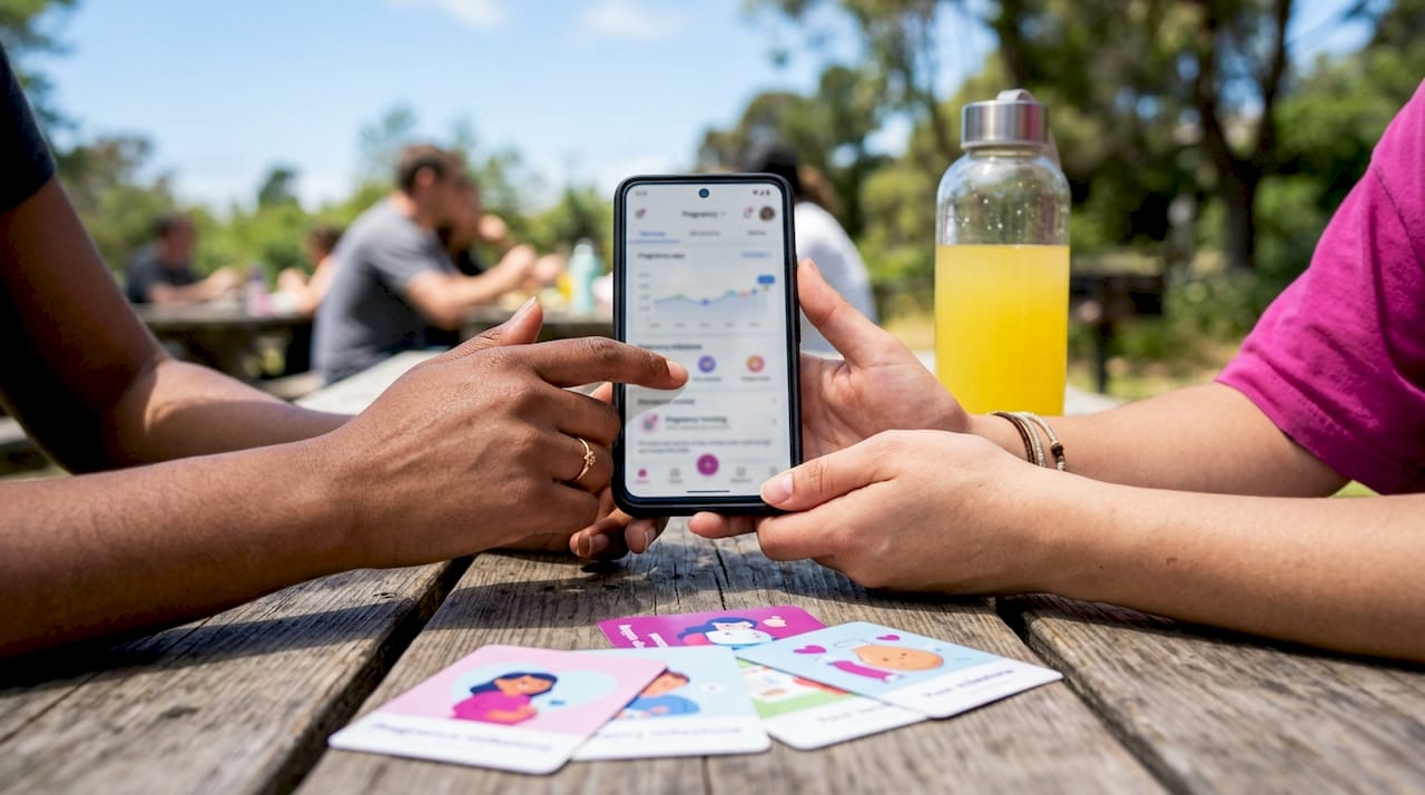 Hands using pregnancy app on smartphone