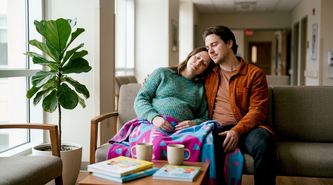 Couple waiting supportively for amniocentesis procedure