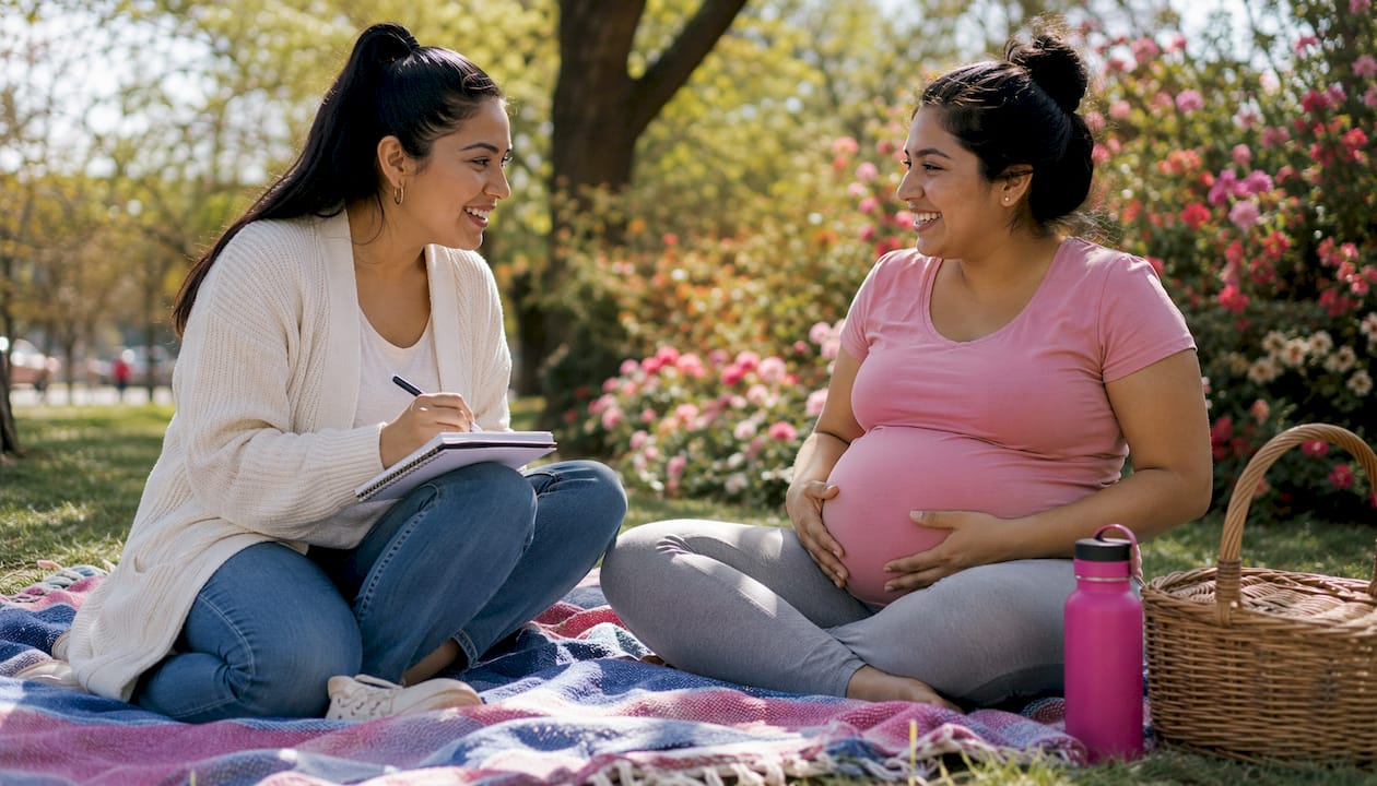 Prenatal mentorship session in peaceful outdoor park setting
