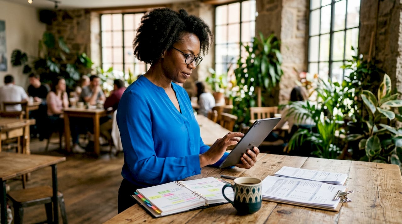 Investor reviewing portfolio papers at home office desk