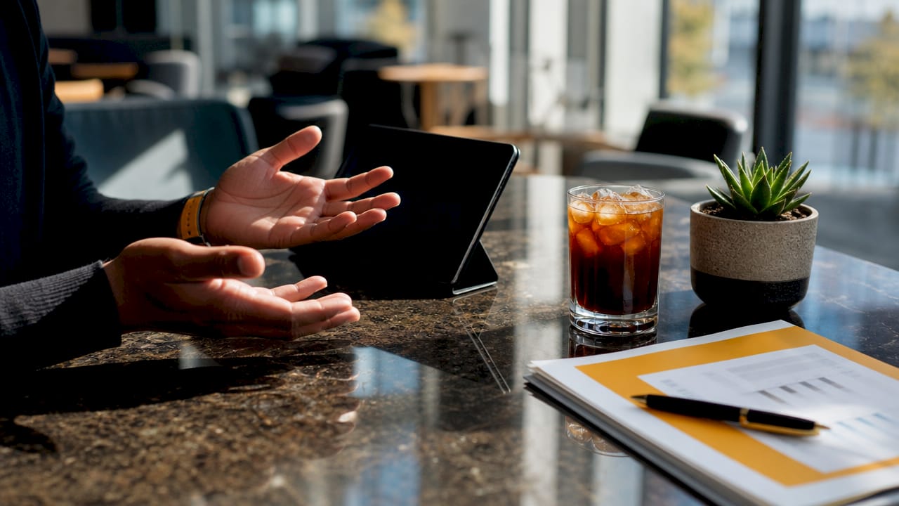 Hands pointing at tablet in café setting