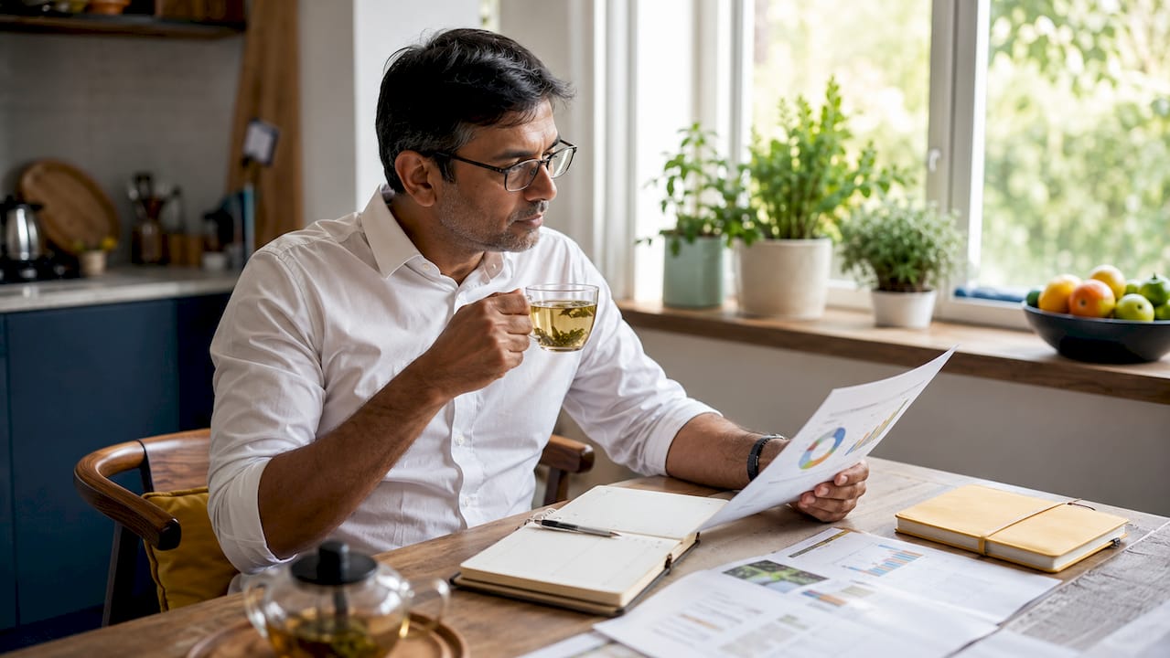 Man thinking about financial choices at home office