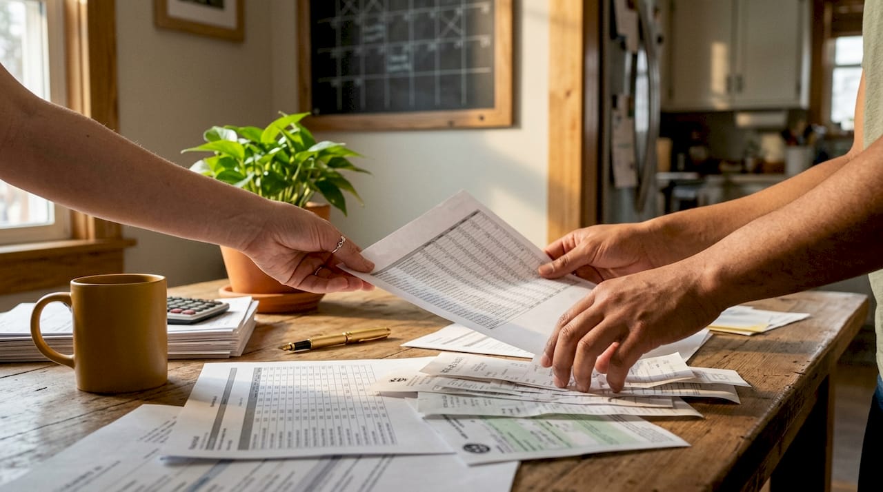 Close-up of hands sorting financial papers