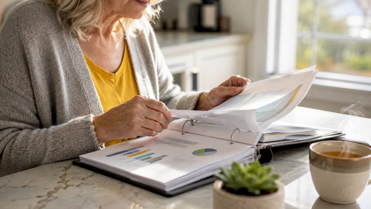 Hands flipping through a financial planning binder
