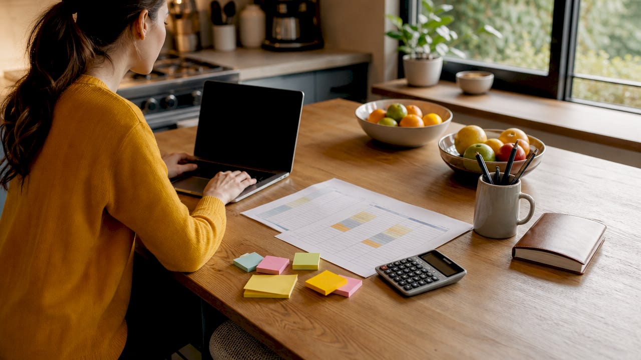 Desk with financial tools and calculator in office