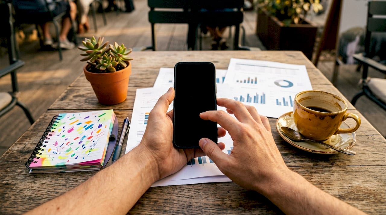 Close-up of hands reviewing financial charts and phone