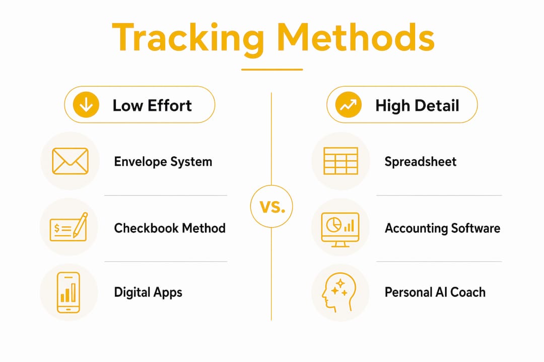 Infographic comparing income tracking methods by effort level