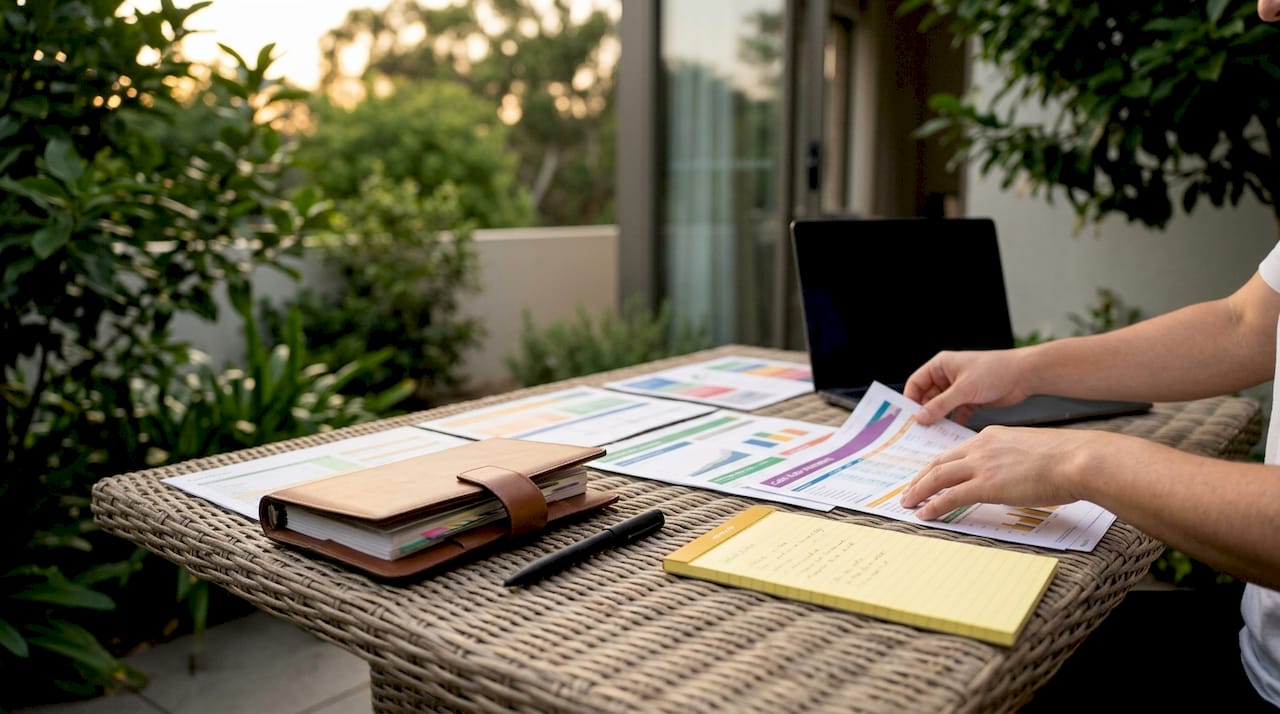 Hands organizing financial documents on desk