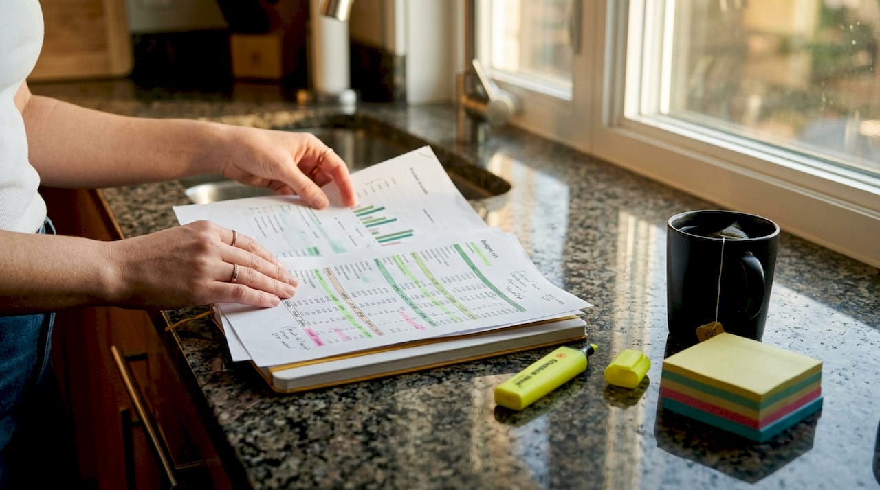 Close-up of hands organizing budget papers on kitchen table