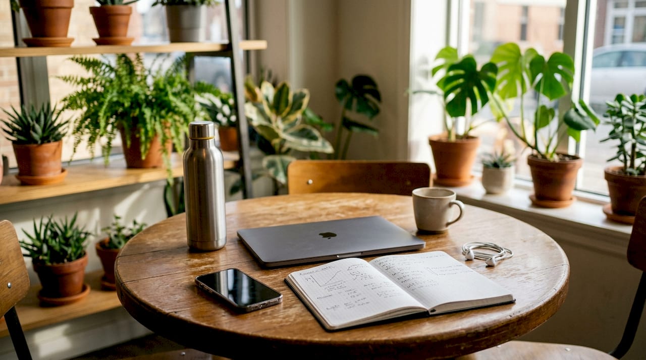 Overhead view of financial habit workspace in café
