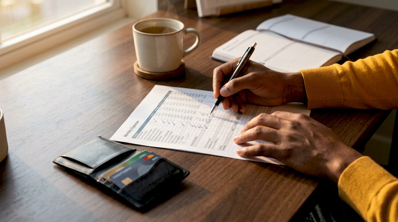 Hands updating monthly expense spreadsheet