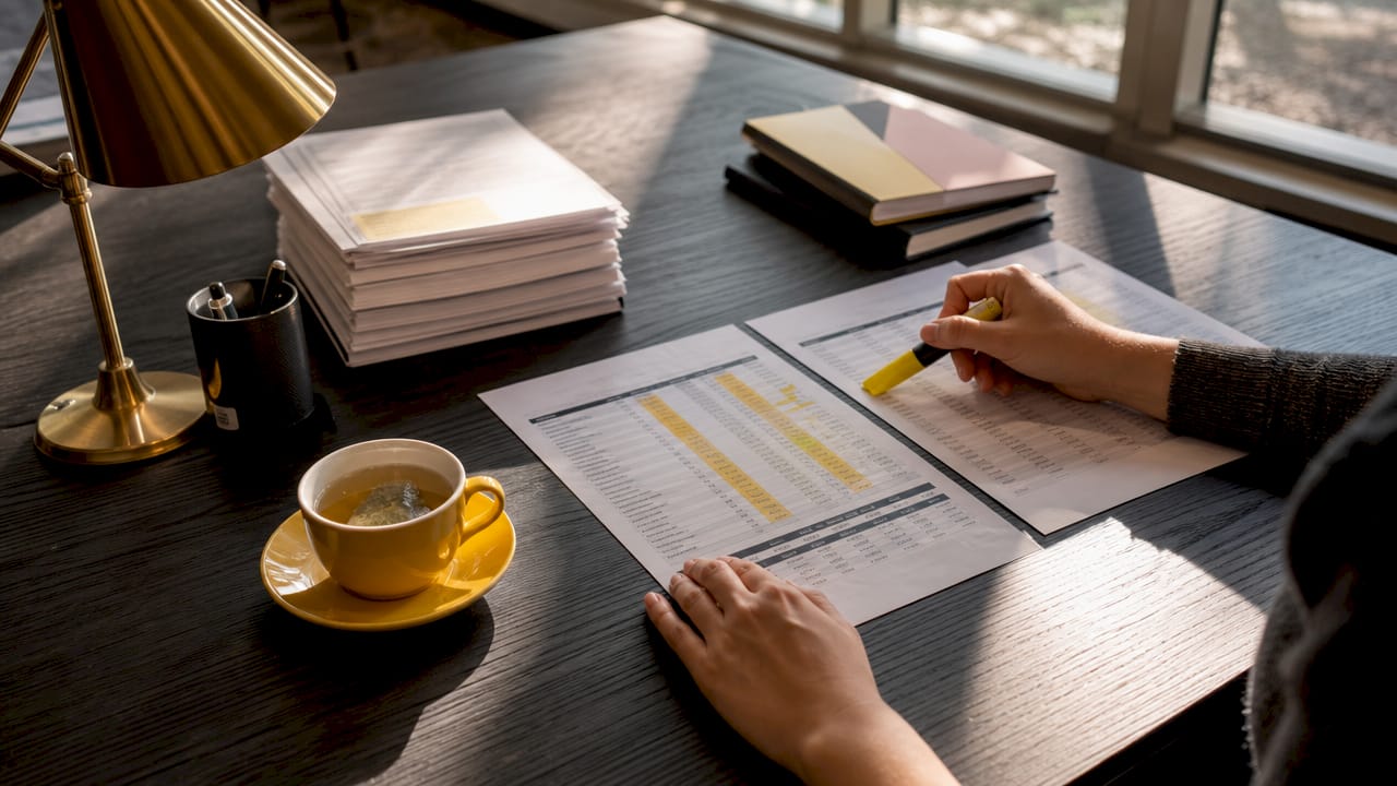 Hands pointing at financial comparison documents