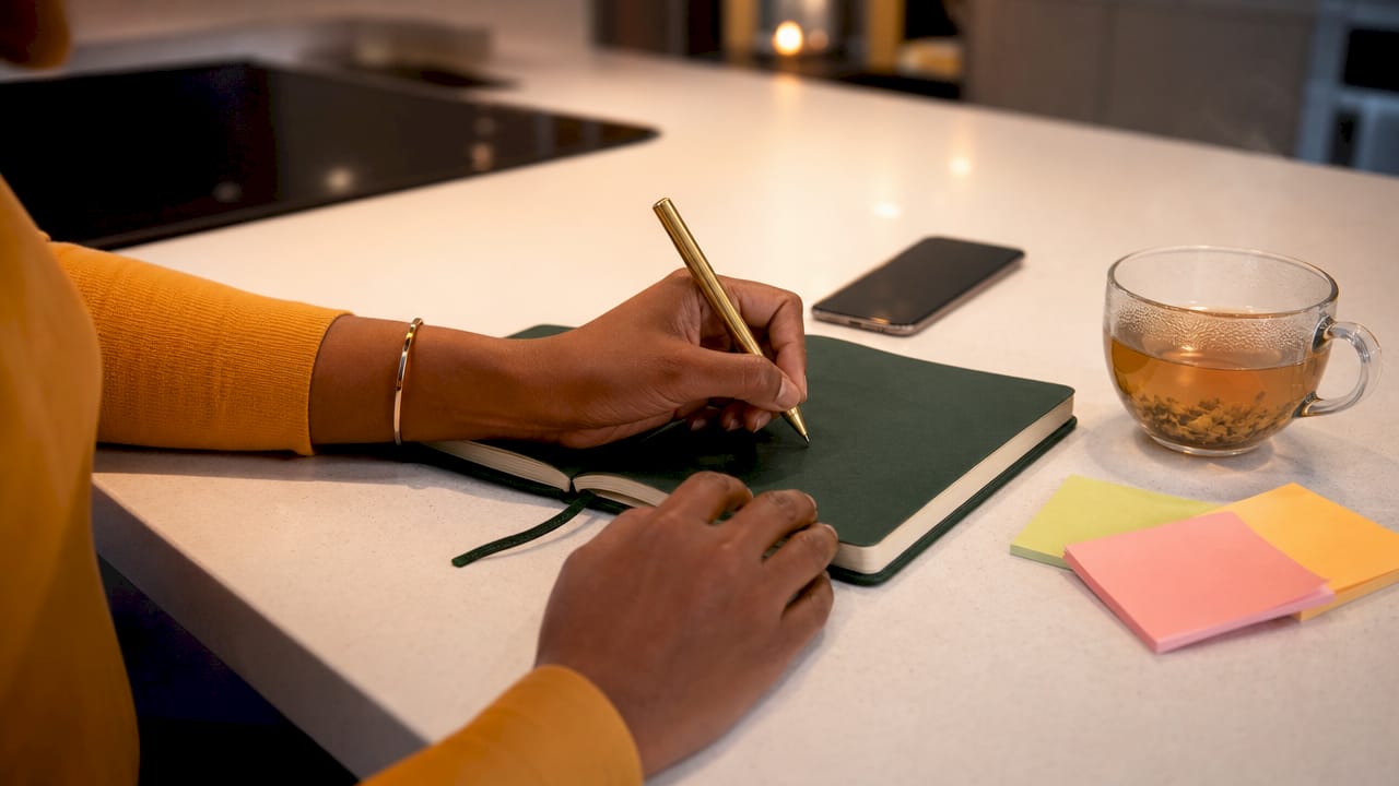 Hands writing financial goals in notebook