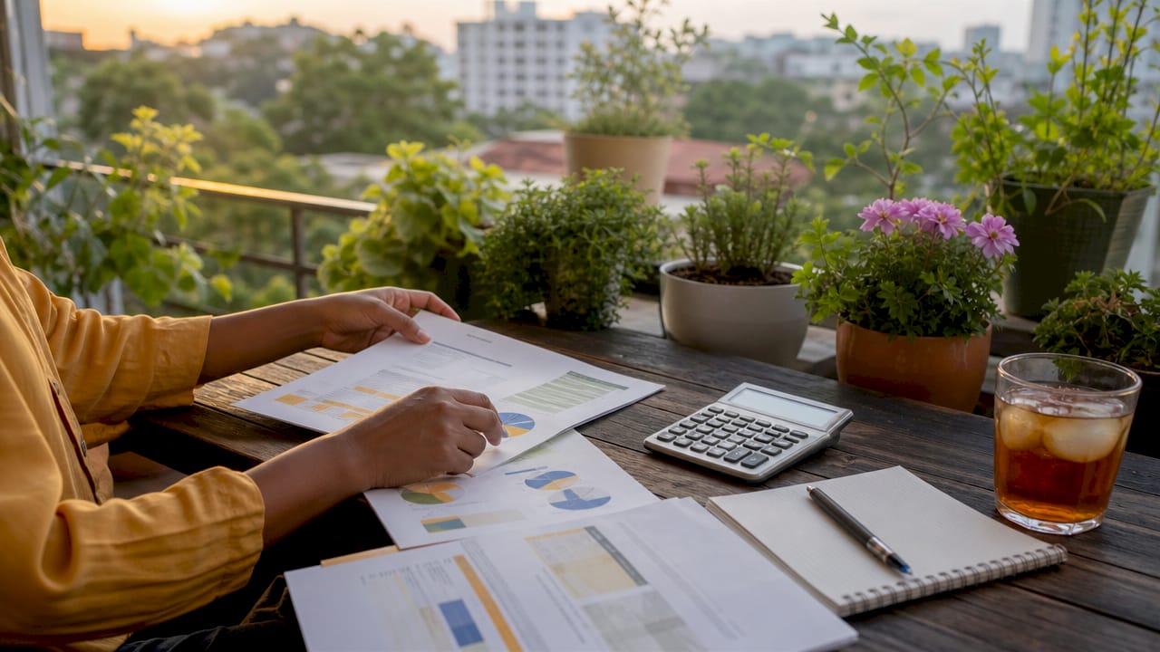 Hands typing budgeting data at an office desk