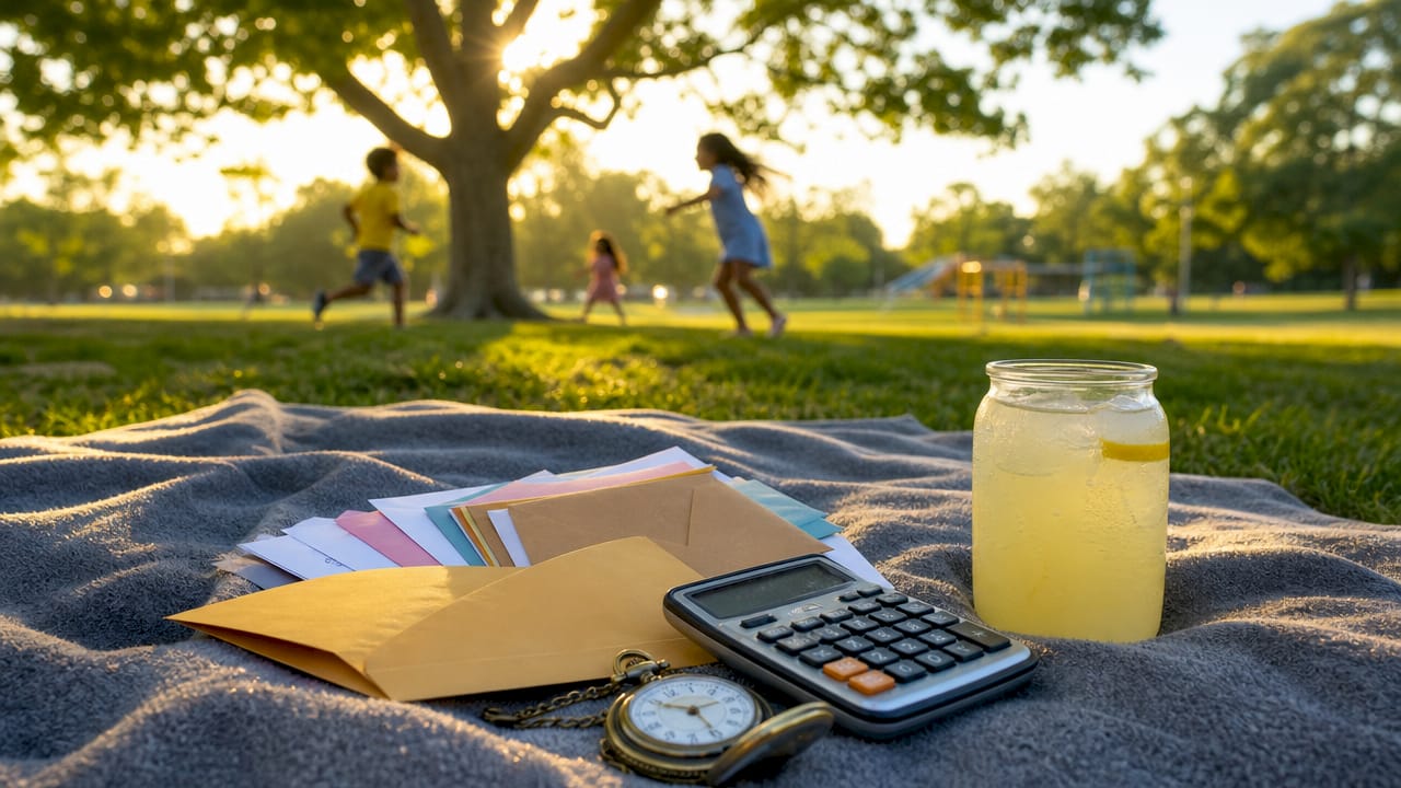 Desk with calculator and bill envelopes
