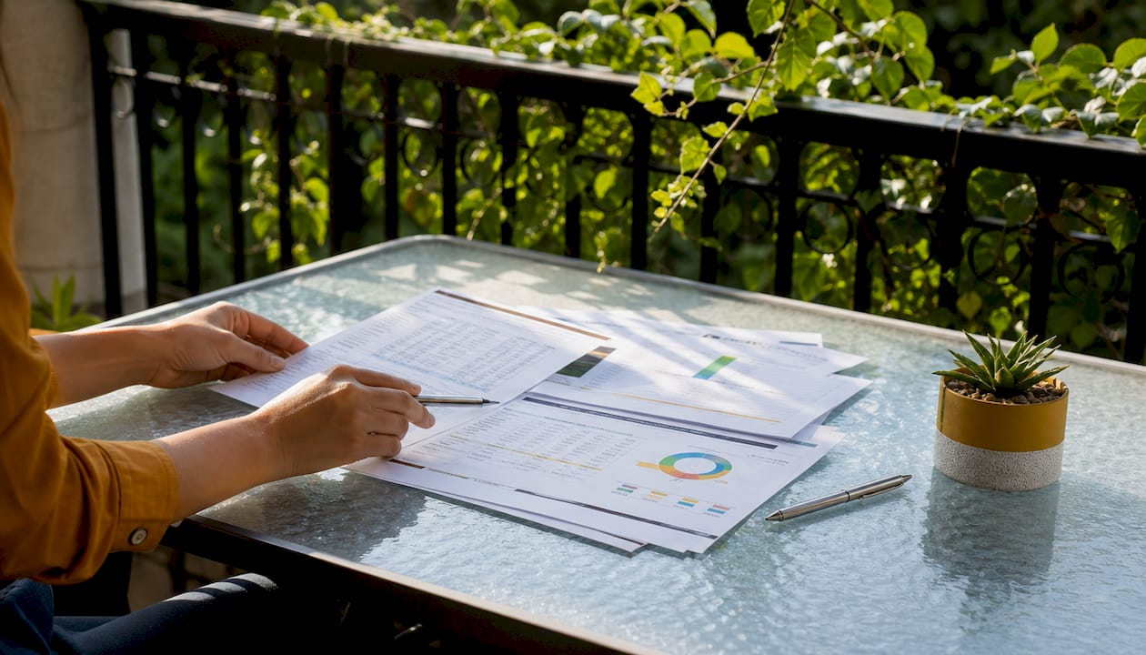 Hands sorting financial documents on kitchen table