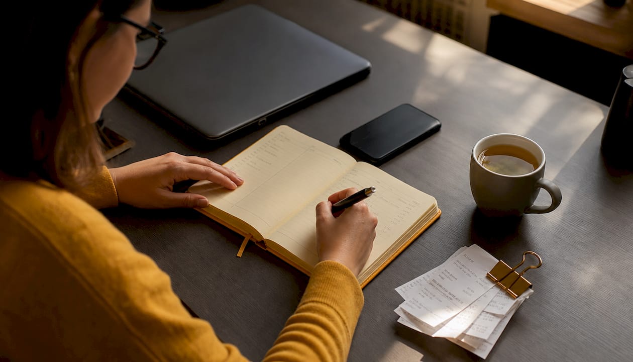Desk with finance notepad, tablet, and receipts