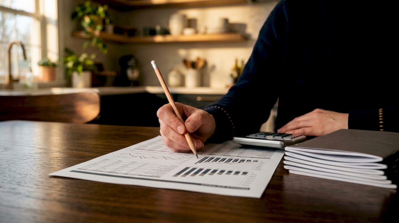 Hand with pencil over financial chart on desk
