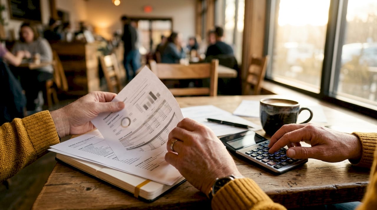 Close-up of hands organizing financial documents