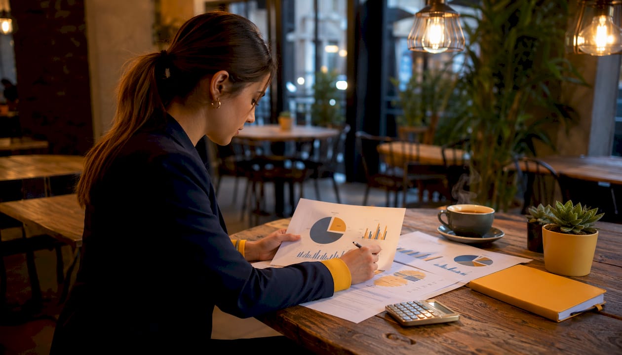 Overhead view of financial profitability documents and glasses