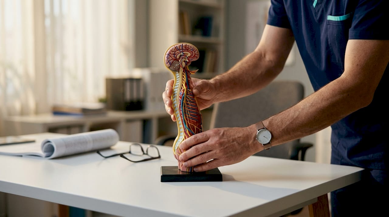 Hands adjusting nervous system model close-up