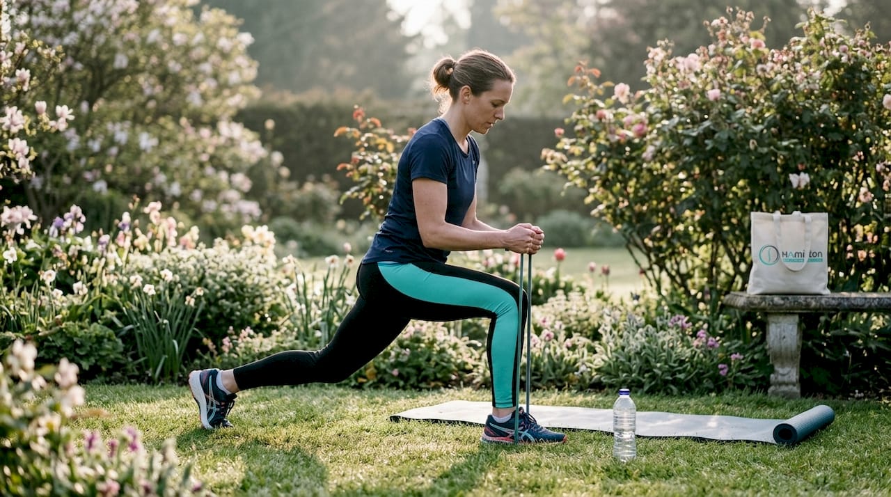 Female athlete doing dynamic warm-up stretches outdoors
