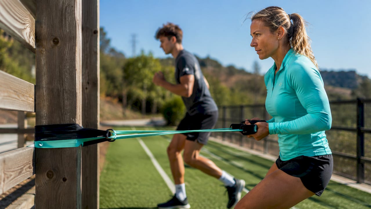 Hands setting up resistance bands for neuromuscular training