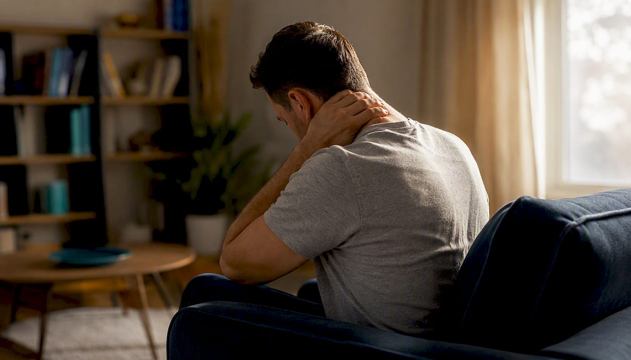 Side view of desk worker showing upper trapezius posture