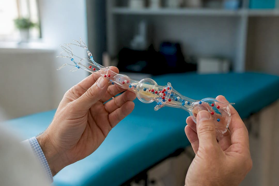 Hands holding nerve fiber model with cytokines