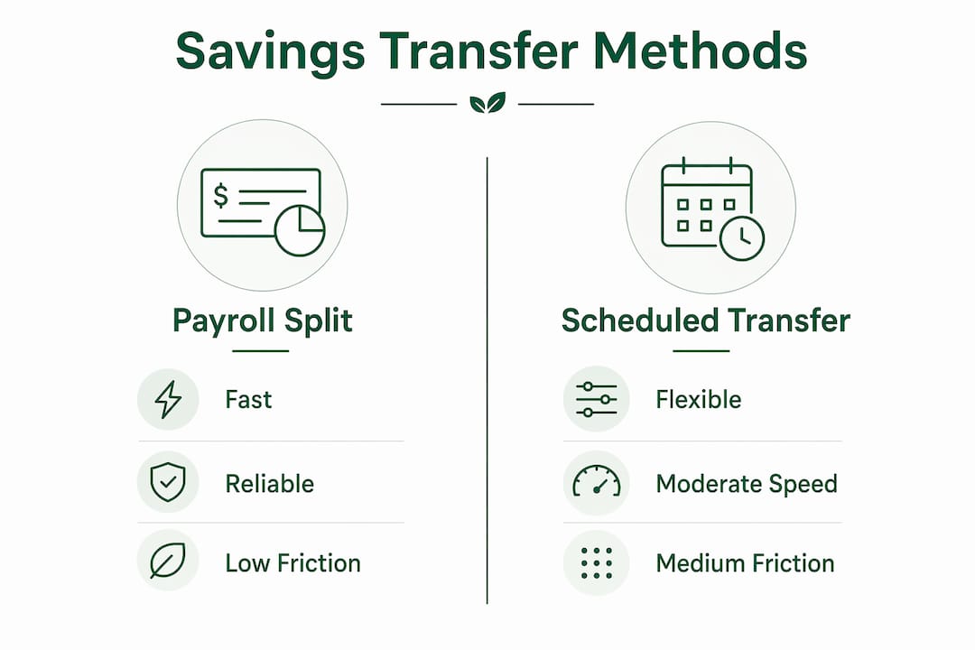 Infographic comparing payroll split and scheduled transfer methods