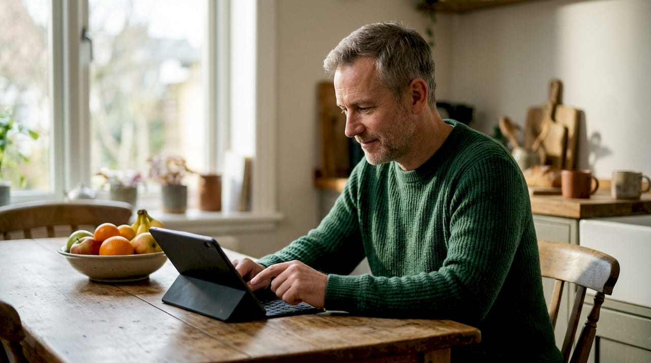 Hands setting direct deposit on tablet device
