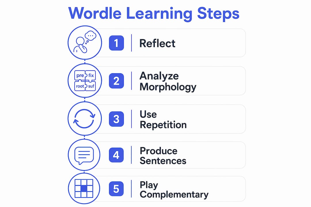 Infographic showing five key Wordle vocabulary learning steps