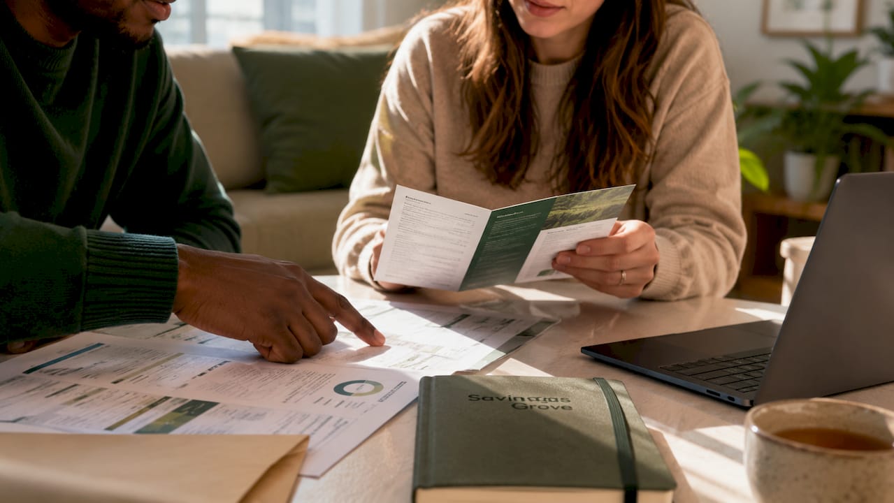 Close-up hands reviewing FDIC insured savings documents