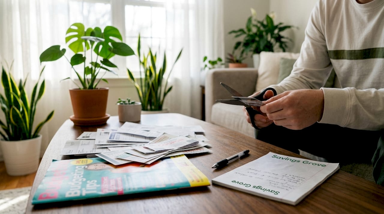 Hands cutting credit card amid financial papers