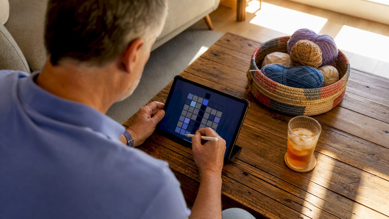 Hands interacting with word game on tablet