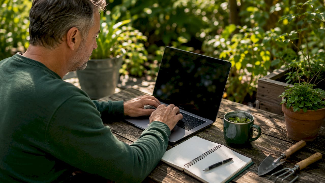Overhead view of man comparing savings accounts on laptop