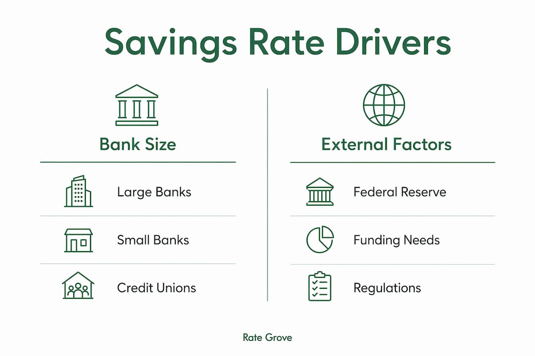 Infographic comparing savings rate drivers by bank size and external factors