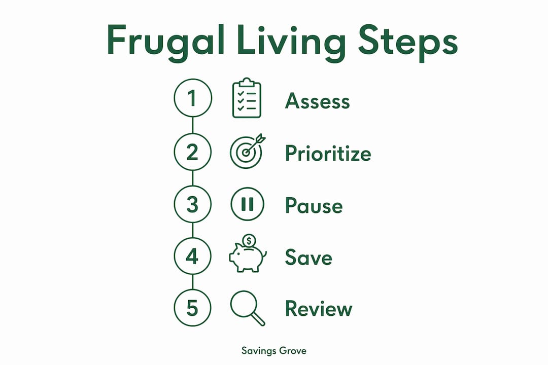 Infographic showing five key steps of frugal living