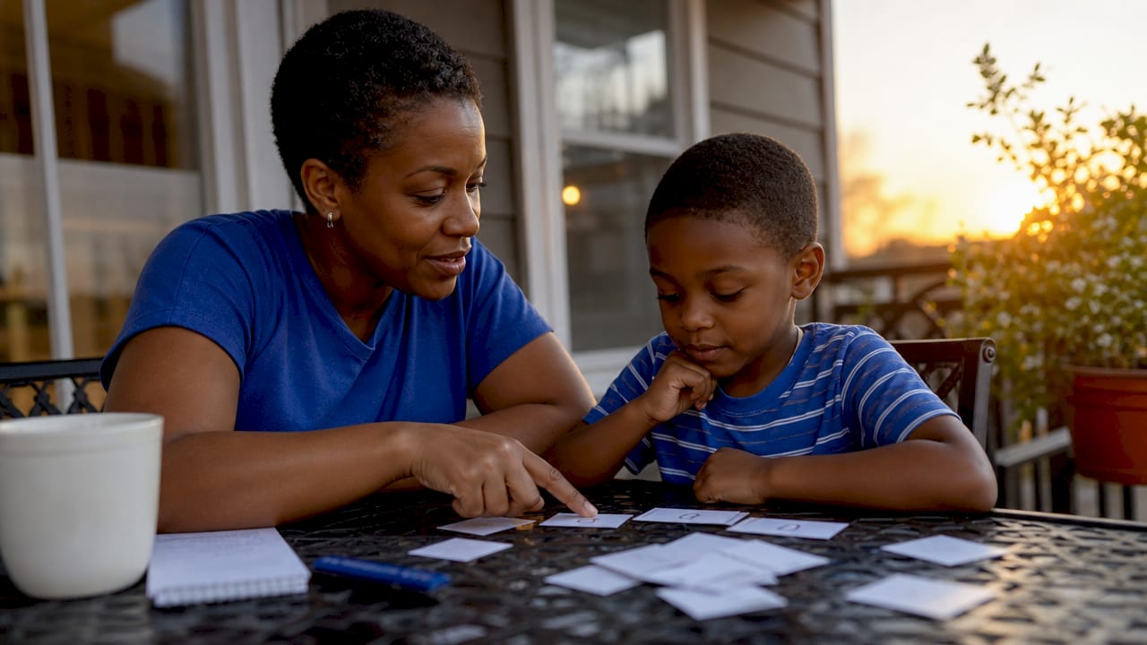 Adult teaching child phonics through word game